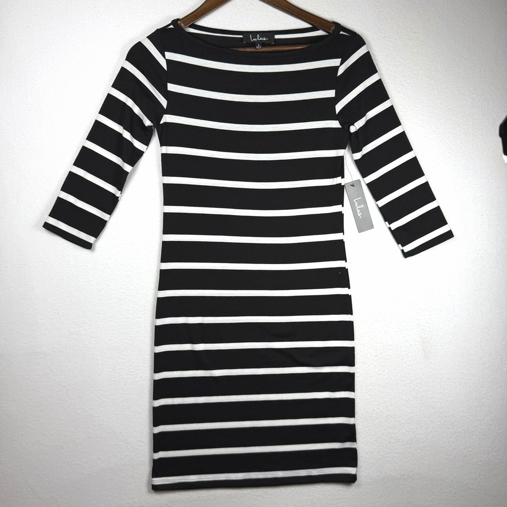 Lulus Black and White Striped Boat Neck 3/4 Sleeve Bodycon Mini Dress Small NWT
